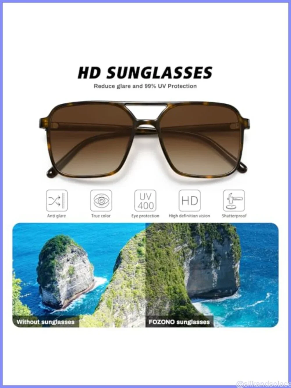 Square Aviator Sunglasses UV400 Protection Retro Double Bar Full Frame